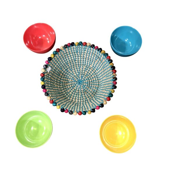Unbranded Other - Colorful Woven Chips & Salsa Basket Set w/ Novogratz Melamine Bowls Used